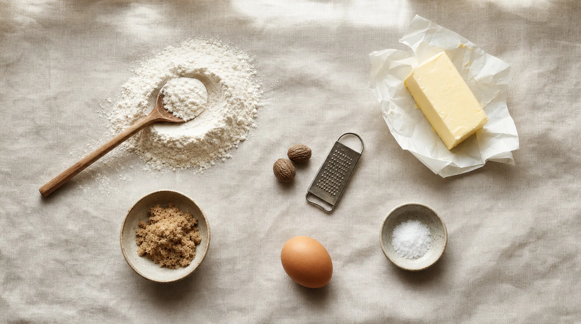 Flour, butter, nutmeg, sugar, and an egg arranged on a cream surface