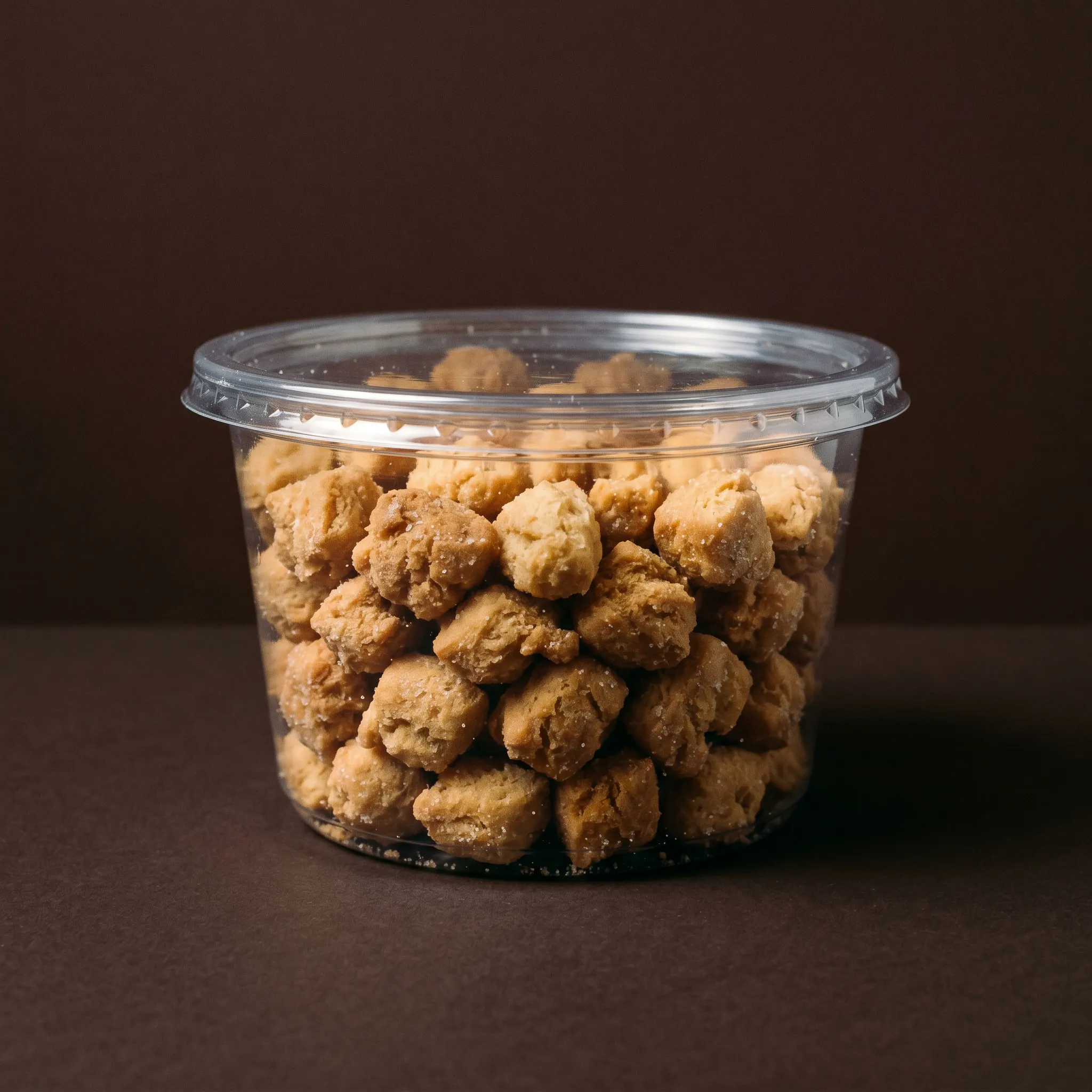A tub of Jovie ChinChin centered on a dark cocoa surface
